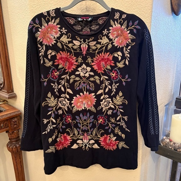 Johnny Was Tops - Johnny Was Black Floral Embroidery Thermal Long Sleeve Top Size S/M